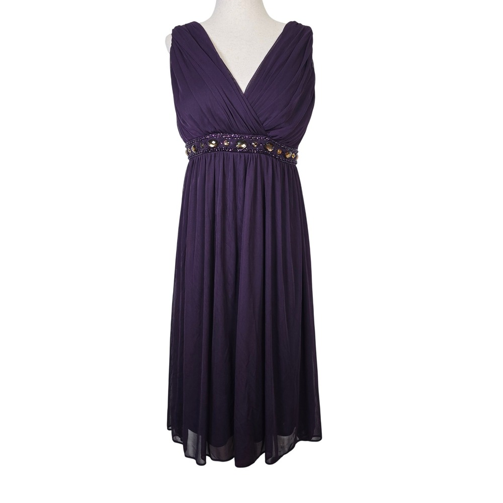 Jessica Howard Womens Purple Beaded Empire Waist V-Neck Cocktail Dress Size 6